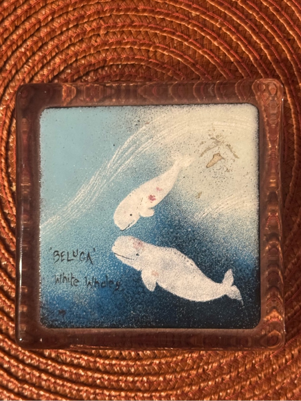 Signed Original Enamel on Copper Art "Beluga White Whales" by Margit Kese, 2004